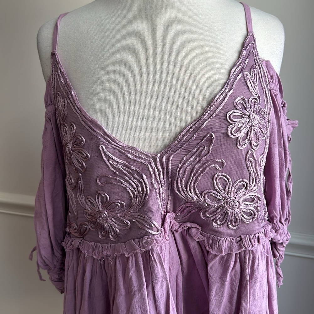 Free People Bali Badlands purple baby doll Off shoulder Mini Dress Medium EUC - Picture 6 of 11